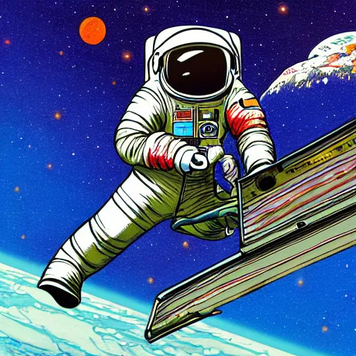 Image similar to juxtapoz illustration of an astronaut drifting in space staring at the earth