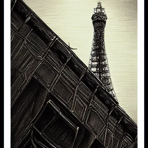 Image similar to close up blackpool tower, pencil sketch, realistic shaded, fine details, realistic shaded lighting poster by greg rutkowski