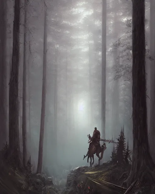 Image similar to Hyper realistic painting of a knight in rusty full plate armor wielding a greatsword, hyper detailed, surrounded by a dark forest, fog, moody, cinematic lighting, dim blue lighting, by greg rutkowski, trending on artstation