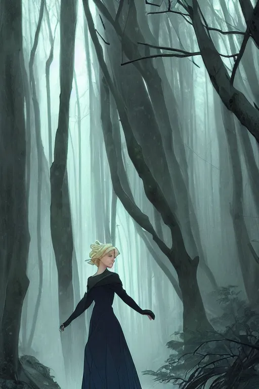 Prompt: elsa walking in a forest, winter, somber, sad, black dress, low light, foggy at dawn, sunlight visible through tree leaves, misty, magic, atmospheric art by artgerm and greg rutkowski and alphonse mucha and by artgerm, by studio muti, greg rutkowski makoto shinkai takashi takeuchi,