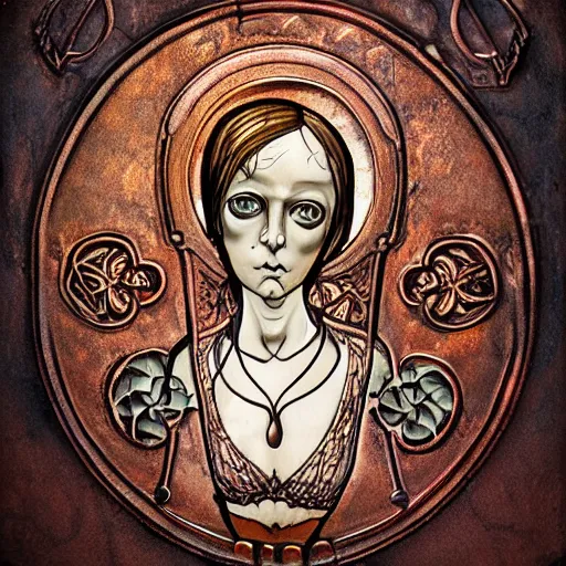 Prompt: steam _ girl _ memento _ mori _ gothic _ neo _ - _ gothic _ art _ nouveau _ hyperdetailed _ copper _ patina _ medieval _ icon _ philippe