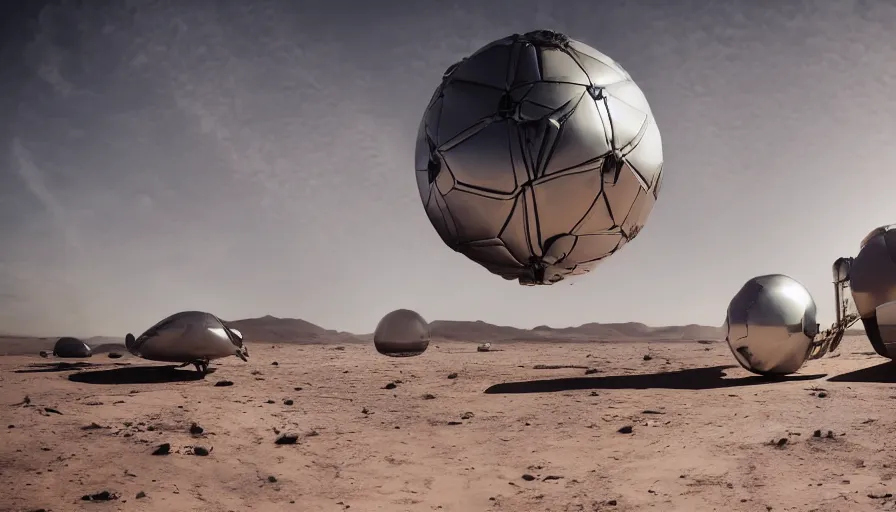 Prompt: professional photograph of a inflatable chrome lunar lander with very futuristic windows designed by Buckminster Fuller in a picturesque desert on Jupiter. Astronauts are standing near it, racking focus, depth of field, extreme panoramic, Dynamic Range, HDR, chromatic aberration, Orton effect intricate, elegant, highly detailed, artstation