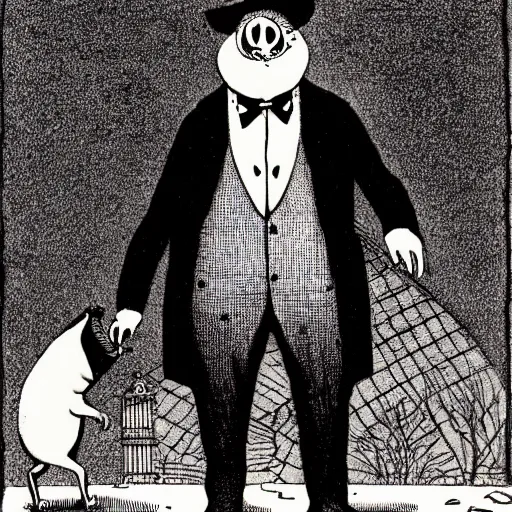 Image similar to a gentleman pig in a tuxedo, creepy, chiaroscuro, dark night, illustration by Edward Gorey