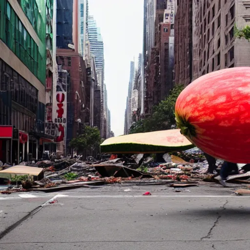 Prompt: Photo of a giant watermelon falling onto the streets of New York City makes everyone panic, surrounding buildings are destroyed, chaos is visible, color photo , hd