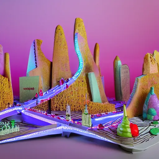 Prompt: The kinetic sculpture depicts a city made entirely out of kulich, a traditional Russian Easter bread. The city is bustling with activity, as people go about their day-to-day lives. The illustration is playful and whimsical, with a touch of magic. studio lighting, neon purple by Cindy Sherman chaotic