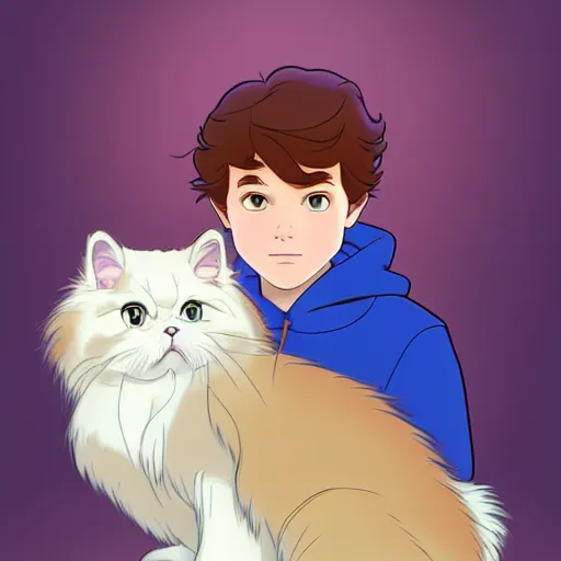 Image similar to teen boy with brown hair and big blue eyes, wearing a hoodie, fluffy white persian cat, natural lighting, path traced, highly detailed, high quality, cartoon, digital painting, by don bluth and ross tran and studio ghibli and alphonse mucha