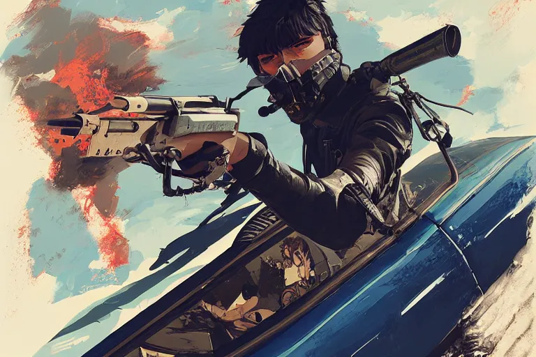 Image similar to digital illustration of mad max's maverick pursuit special, by makoto shinkai, ilya kuvshinov, lois van baarle, rossdraws, basquiat