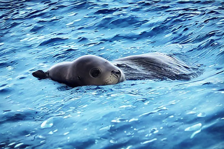Image similar to “baby seal mecha swimming through Arctic Ocean, anime style”