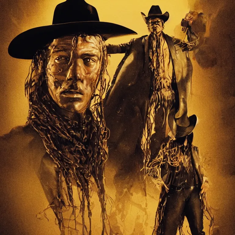 Image similar to 1 9 7 0's spaghetti western film octane render portrait by wayne barlow and carlo crivelli and glenn fabry, a man wearing a shiny black latex suit and cowboy hat covered in colorful slime, standing in a scenic western landscape, cinema 4 d, ray traced lighting, very short depth of field, bokeh