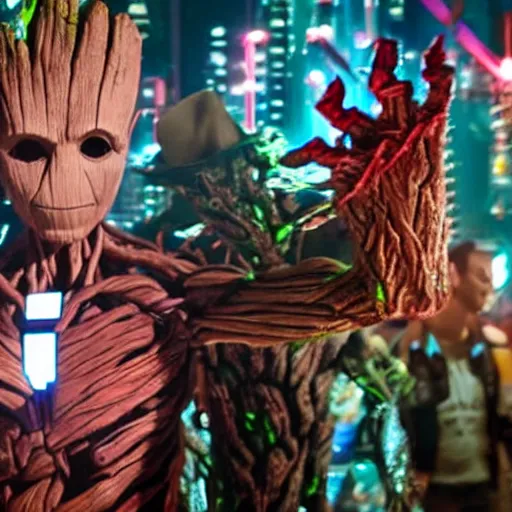 Image similar to groot and optimus prime dancing at techno party among people, wide shoot, after effect, ultra realistic