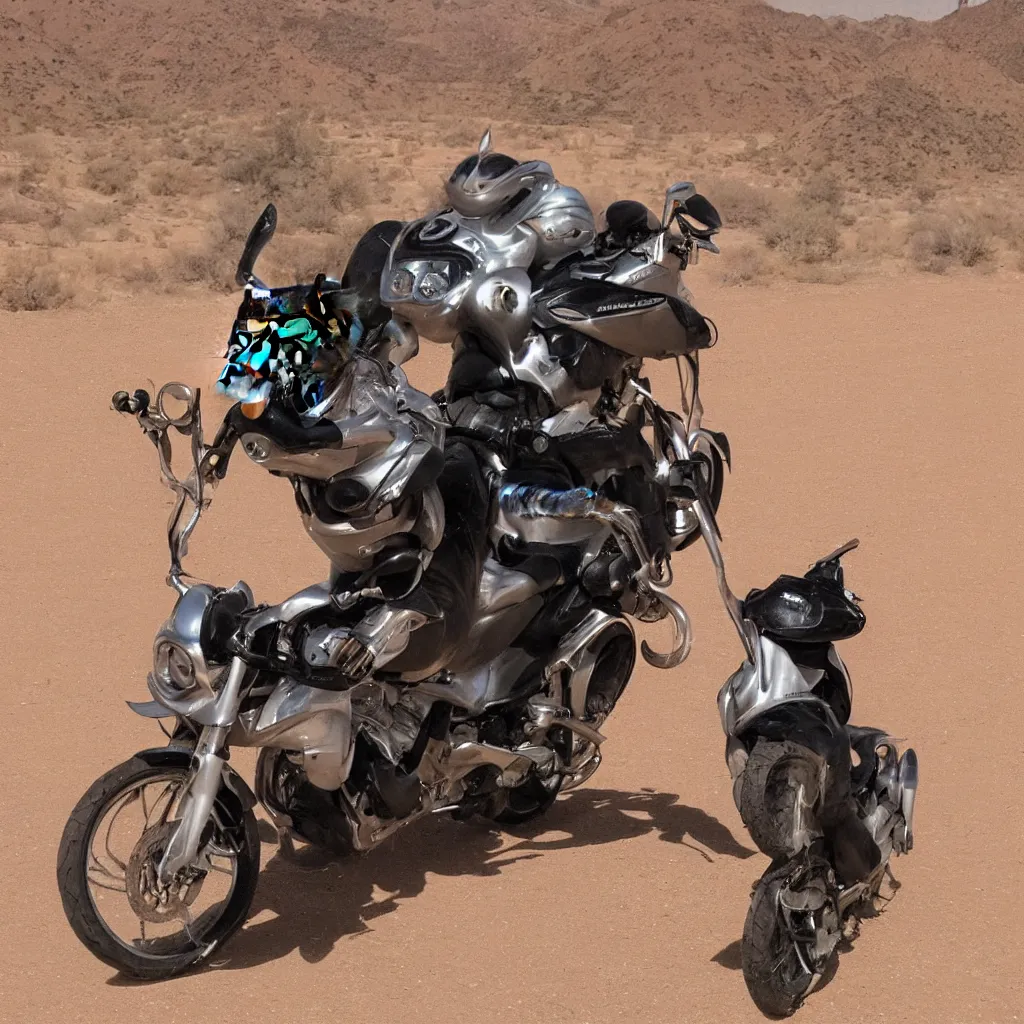 Prompt: an image of a cat riding a motercycle through the desert