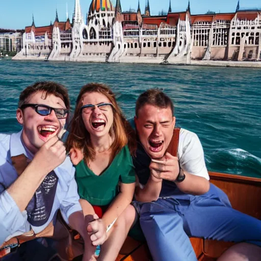 Image similar to nerds laughing on a boat in Budapest with a live band in the background