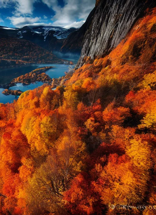 Image similar to an award winning photo of a cool autumn day in bergen norway, colorful leaves red orange yellow on trees, leaves falling to the ground, beautiful mountains, breathtaking blue sky, wispy cloud. travel photography by charlie waite, max rive, caroline foster.