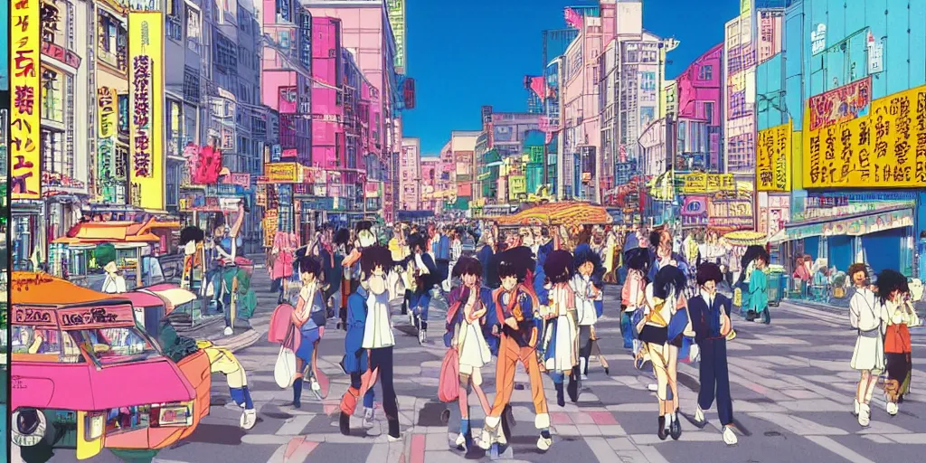 Prompt: busy street in stockholm, sprite, vaporwave nostalgia, directed by beat takeshi, visual novel cg, 8 0 s anime vibe, kimagure orange road, maison ikkoku, sketch by osamu tezuka, directed by makoto shinkai and beat takeshi