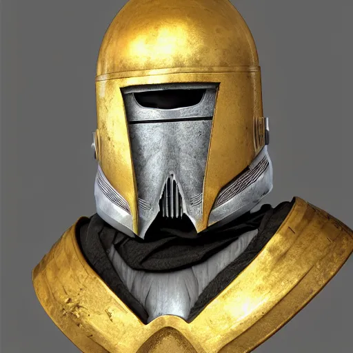 Image similar to realistic templar knight helm design inspired by star wars, epic scale, character concept art, face symmetry, intricate accurate details, artstation trending, octane render, cinematic color grading, soft light, rule of thirds, golden ratio, like a professional model, cinematic, 8 k, clear.