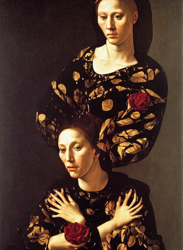 Prompt: portrait of a woman with a golden skull instead of a head in a dress of rose petals, oil painting in a renaissance style , very detailed, painted by Caravaggio.