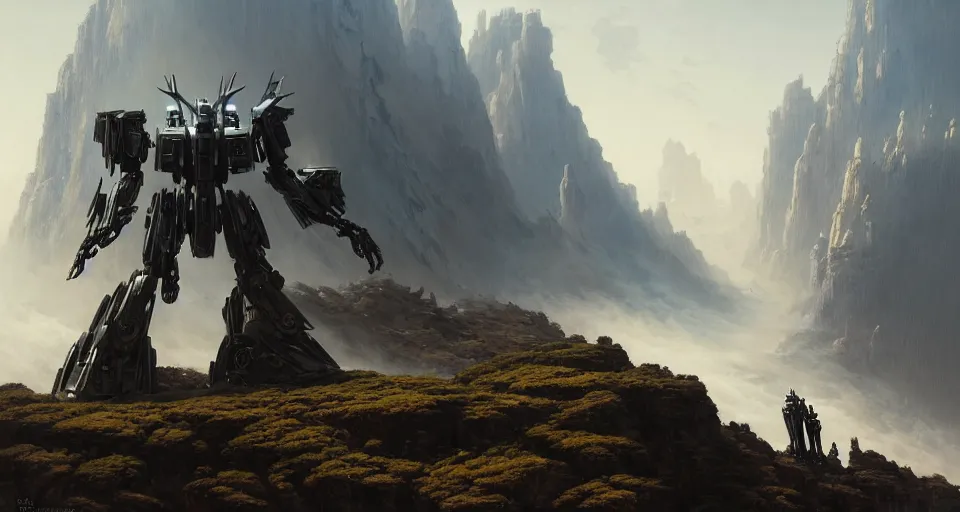 Image similar to hyper realistic sci - fi matte concept art painting of mecha on a cliff overlooking a raging battle, beautiful details, strong composition painted by kim jung guweta studio rutkowski, james gurney and greg rutkowski, and lucasfilm, smooth, intricate, detailed, sharp focus, cinematic