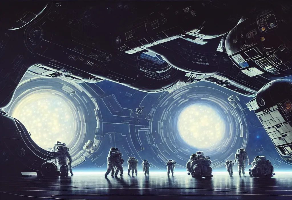 Prompt: a photorealistic painting of a group of astronauts exploring rooms inside a gigantic and intricate spaceship, full of clouds, realistic, beautiful, dark, cool, futurist, abstract, experimental, vibrant, highly detailed, industrial, cosmos, by katsuhiro otomo and greg rutkowski