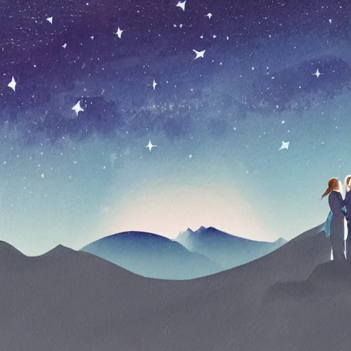 Image similar to a beautiful landscape showing mountains, stars and galaxies in the background. The silhouet of a young couple sits in the foreground, drawn, sketch, anime style