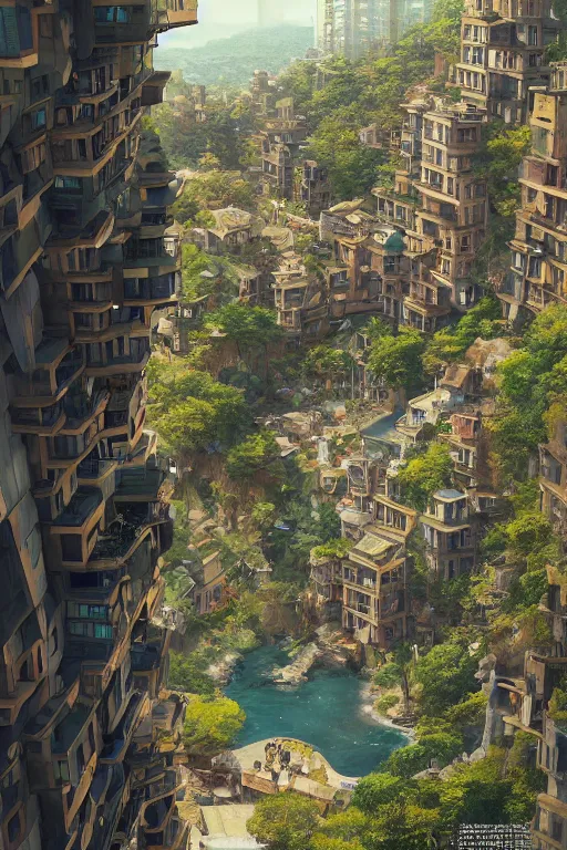 Prompt: an awesome sunny day environment concept art on a cliff, architecture by kengo kuma, ross tran and wes anderson with village, residential area, mixed development, highrise made up staircases, terraces, balconies, full of glass facades, cgsociety, fantastic realism, artstation hq