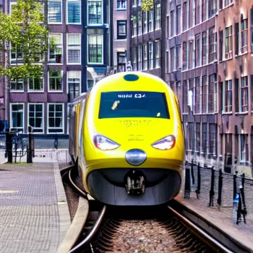 Prompt: a brightline train running through the streets of amsterdam