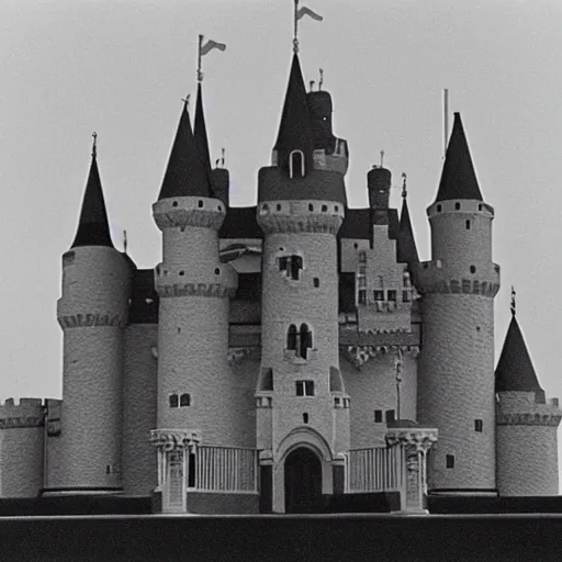 Prompt: A still from a Stanley Kubrick film featuring a white fantasy castle with high walls and seven levels built into a mountain, 35mm, 1975