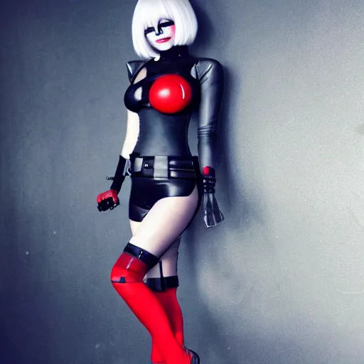 Image similar to full body portrait of 2B nier automata as harley quinn wearing skintight clothes, trending on artstation, artstationHD, artstationHQ