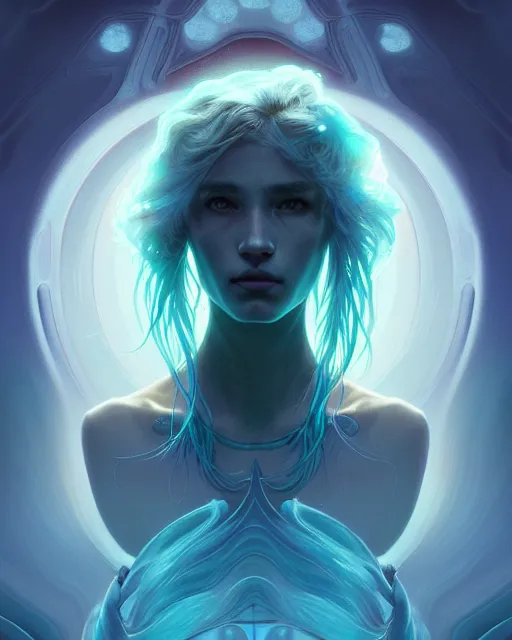 Image similar to one singular portrait of a sad bioluminescent creature, highly detailed, digital painting, cinematic, hyper realism, dark retrowave, art by stanley lau and artgerm and magali villeneuve and alphonse mucha, artstation, octane render, cgsociety