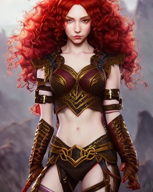 Image similar to ranger, intricate fantasy outfit!!! beautiful and athletic red curly hair female elf!! gorgeous face and eyes!! character concept art, sharp focus, octane render! unreal engine 5! highly rendered!! trending on artstation!! detailed linework!! illustration by artgerm, wlop, and chie yoshii