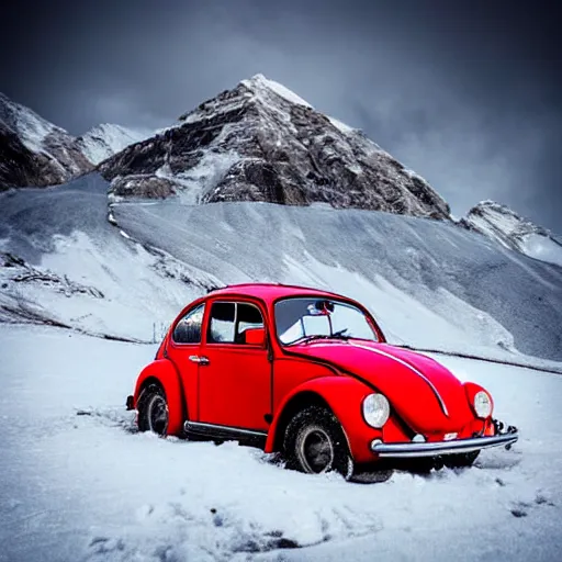 Image similar to extreme long shot of a snowy red 1970 vw beetle standing on mount everest, award winning photo, snow, high detail, desolate, atmospheric, 8k