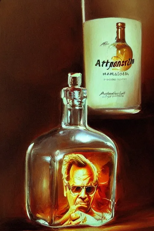 Image similar to imagine a ship in a bottle but instead of a ship a young jack nicholson is in the bottle, jack nicholson, fancy whiskey bottle, masterpiece painting by artgerm and greg rutkowski