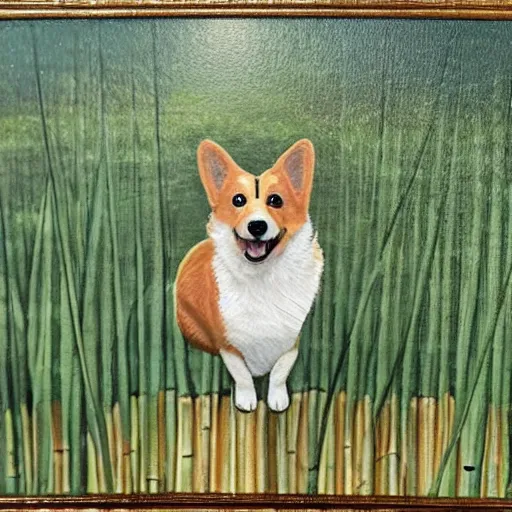 Prompt: detailed painting of a happy corgi on the edge of a lake, with a bamboo forest in the background, beautiful landscape