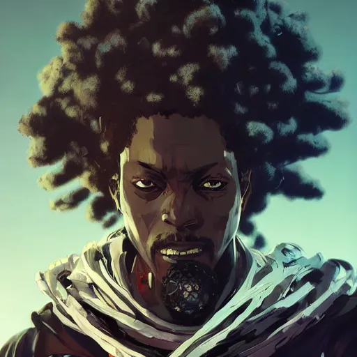 Prompt: afro samurai with robotic eyes in a cyberpunk style, Apex Legends character, digital illustration portrait design, by android jones and greg rutkowski, retrowave color scheme, detailed, cinematic lighting, wide angle action dynamic portrait