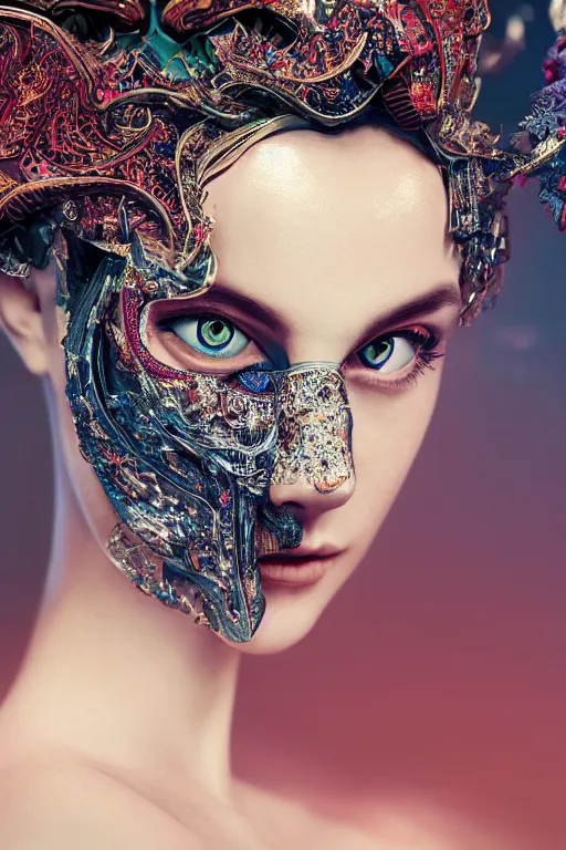 Prompt: portrait of a woman wearing a hyper detailed beautiful mask detailed stitching, one blue eye exposed, beautifully lit, cinematography, 8 k post production, atmospheric background, ambient occlusion, global illumination by, wlop, riyahd cassiem, alex nice, art station trending