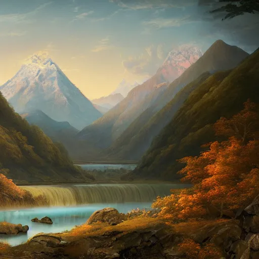 Prompt: a beautiful painting of a scene about a panorama of rivers and mountains, by victo nagi and yuumei and james jean, trending on artstation., ultrawide viewn and highly detailed matte painting - h 6 4 0 - w 1 2 8 0