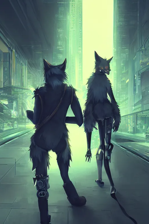 Image similar to an anthropomorphic cyberpunk fox, backlighting, trending on artstation, digital art, furry art, trending on furaffinity, fantasy art, by kawacy, view from behind, fluffy tail