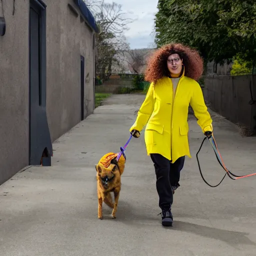 Prompt: latina woman with curly hair is wearing a cyberpunk yellow and black strap flight suit, while walking a yellow shepherd dog down a residential street in a city