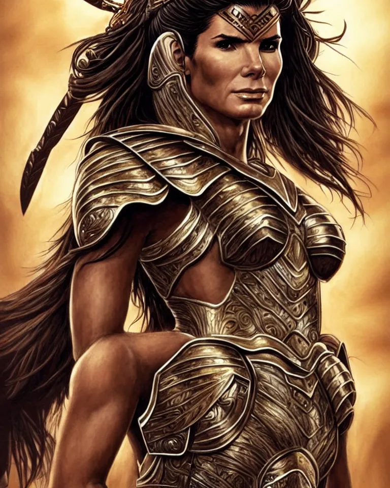 Prompt: a young sandra bullock as an amazon warrior, tall and beautiful with brown skin and long hair, dressed in hellenistic body armor, intricate, elegant, highly detailed, smooth, sharp focus, detailed face, art by ardian syaf