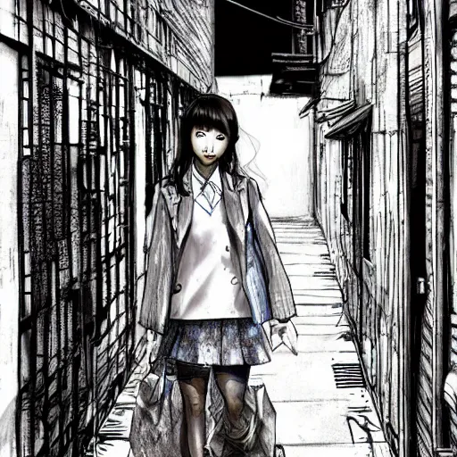 Image similar to a perfect, realistic professional digital sketch of a Japanese schoolgirl posing in a dystopian alleyway, style of Marvel, full length, by pen and watercolor, by a professional American senior artist on ArtStation, a high-quality hollywood-style sketch, on high-quality paper