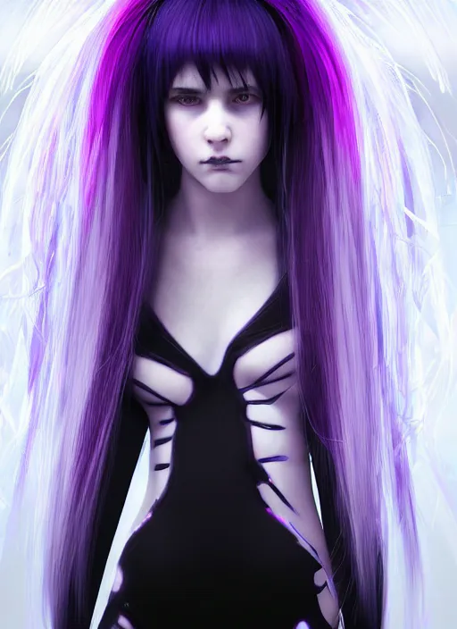 Image similar to hair whitebangs hair, black cyberlox, portrait of teenage girl with white bangs, whitebangsblackhair, messy bangs, cyberlox, whitebangs, red irises, purple clothes, intricate, elegant, glowing lights, highly detailed, digital painting, artstation, concept art, sharp focus, illustration, art by wlop, mars ravelo and greg rutkowski