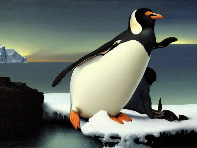 Image similar to an oil painting of a penguin playing in pure white snow on an iceberg in a serene ocean at dusk. aurora. by tuomas korpi moebius and carl spitzweg. baroque elements. intricate artwork by caravaggio. oil painting. oil on canvas. award winning. dramatic. trending on artstation. 8 k