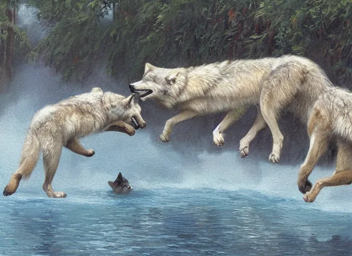 Image similar to a group of wild wolves jumping into a pool, oil painting by ralph maquarrie and james gurney, soft edges, subtle colours