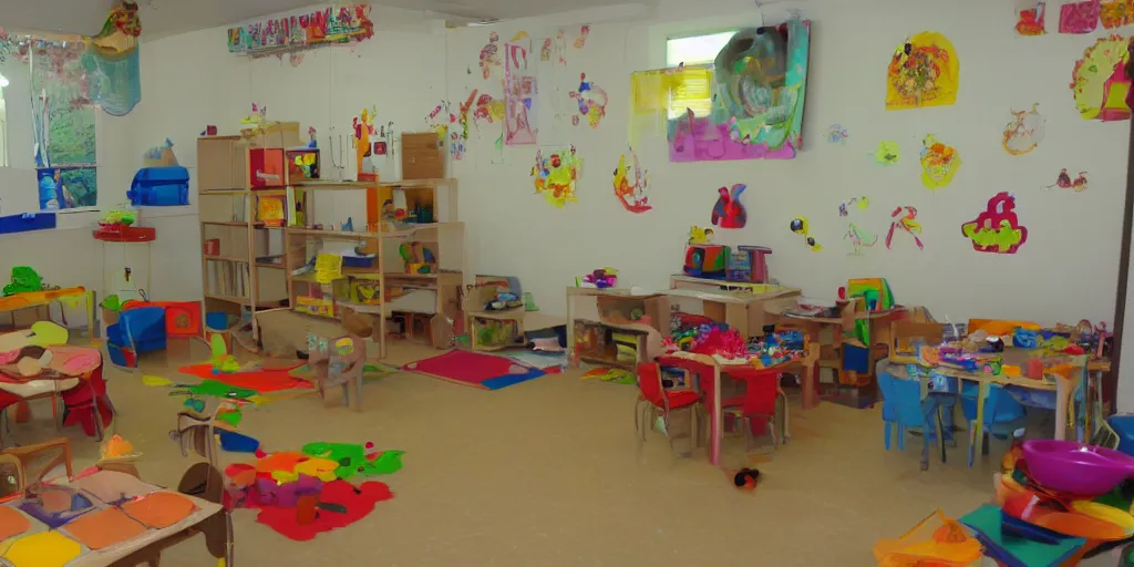 Image similar to childrens daycare indoors limital space, not well litt, creepy photo