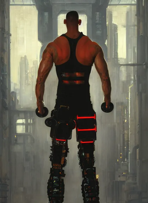 Prompt: buff cyberpunk olympic weightlifter with robotic arms wearing a jumpsuit ( blade runner 2 0 4 9, cyberpunk 2 0 7 7 character design ). orientalist portrait by john william waterhouse and james gurney and theodore ralli and nasreddine dinet, oil on canvas. cinematic, hyper realism, realistic proportions, dramatic lighting, high detail 4 k