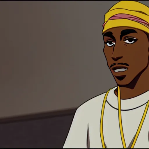 Image similar to Tupac Shakur, screenshot from a 2012s anime