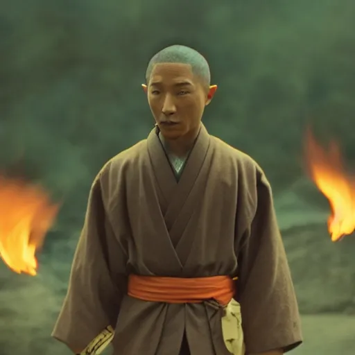 Image similar to cinematic film still Pharrell Williams starring as a Samurai holding fire, Japanese CGI, VFX, 2003, 40mm lens, shallow depth of field,film photography