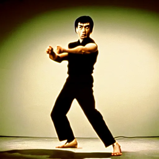 Image similar to mr. bean as bruce lee. movie still. cinematic lighting.