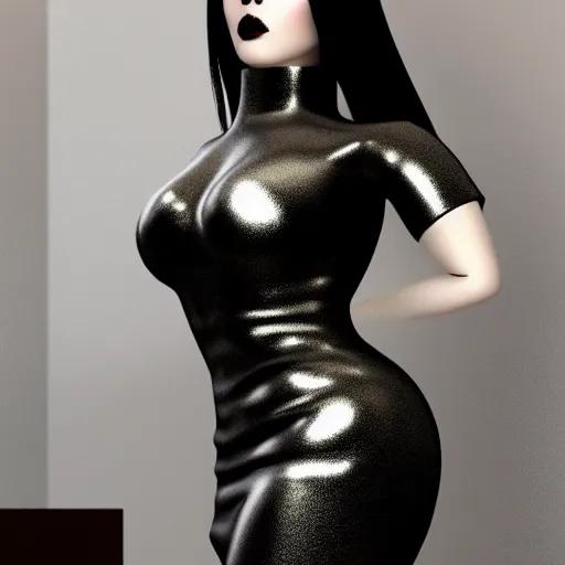 Prompt: a feminine curvy pale hot goth sweetie wearing a modest tight silver, gold, and black latex-nylon high-neck dress, dark eyeshadow, eyelashes, cgsociety, photorealistic, sublime-hyperadvanced-amorous ambience, 16k, smooth, sharp focus, trending on ArtStation, volumetric lighting, fully clothed, thin waist