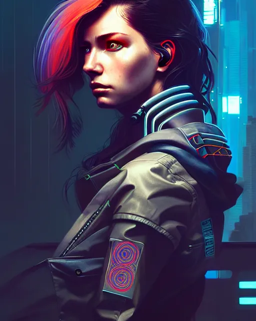 Image similar to cyberpunk synth, hyper - realistic portrait of a female hunter, dynamic wavy hair, intricately detailed background, detailed designs, digital painting, 4 k, by ilya kuvshinov, by greg rutkowski, atmospheric lighting