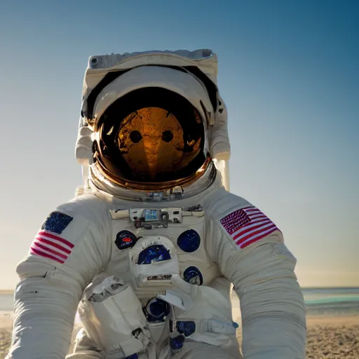 Image similar to an astronaut relaxing on the beach, dramatic lighting, cinematic, extremly high detail, photorealistic, cinematic lighting, nasa footage